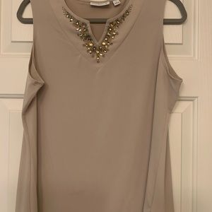 Sleeveless Tan Blouse with Rhinestone collar